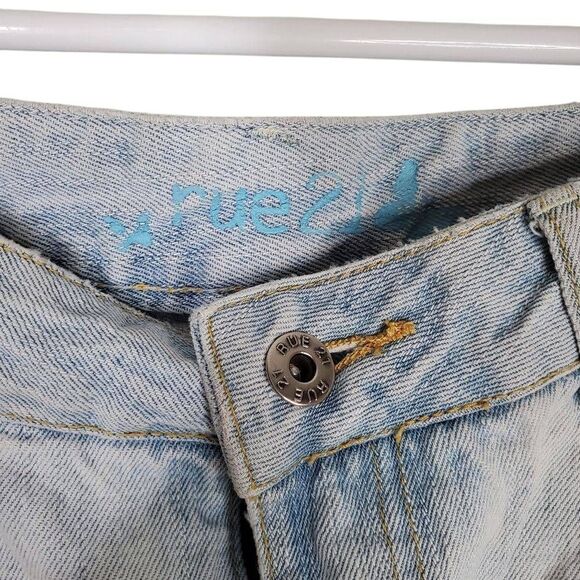 Rue21 Y2K Embelished Distressed Lightwash Jean Mini Skirt Size 3/4 - Picture 9 of 10
